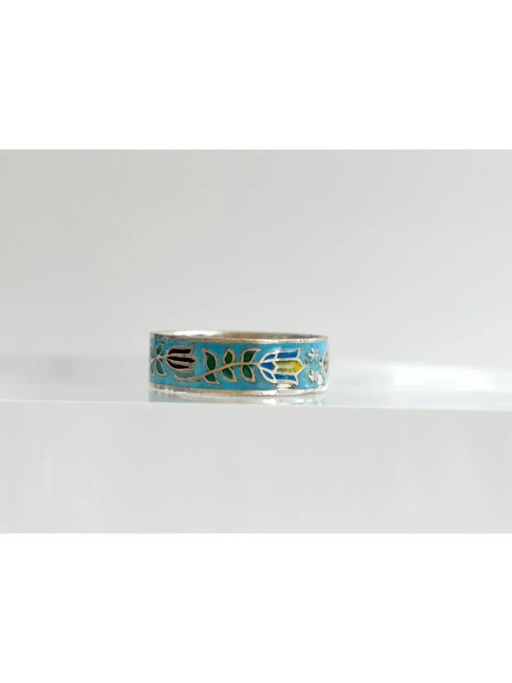 Cloissone Enameled Floral Thailand Made Sterling Silver 925 Vintage Ring - sz 7